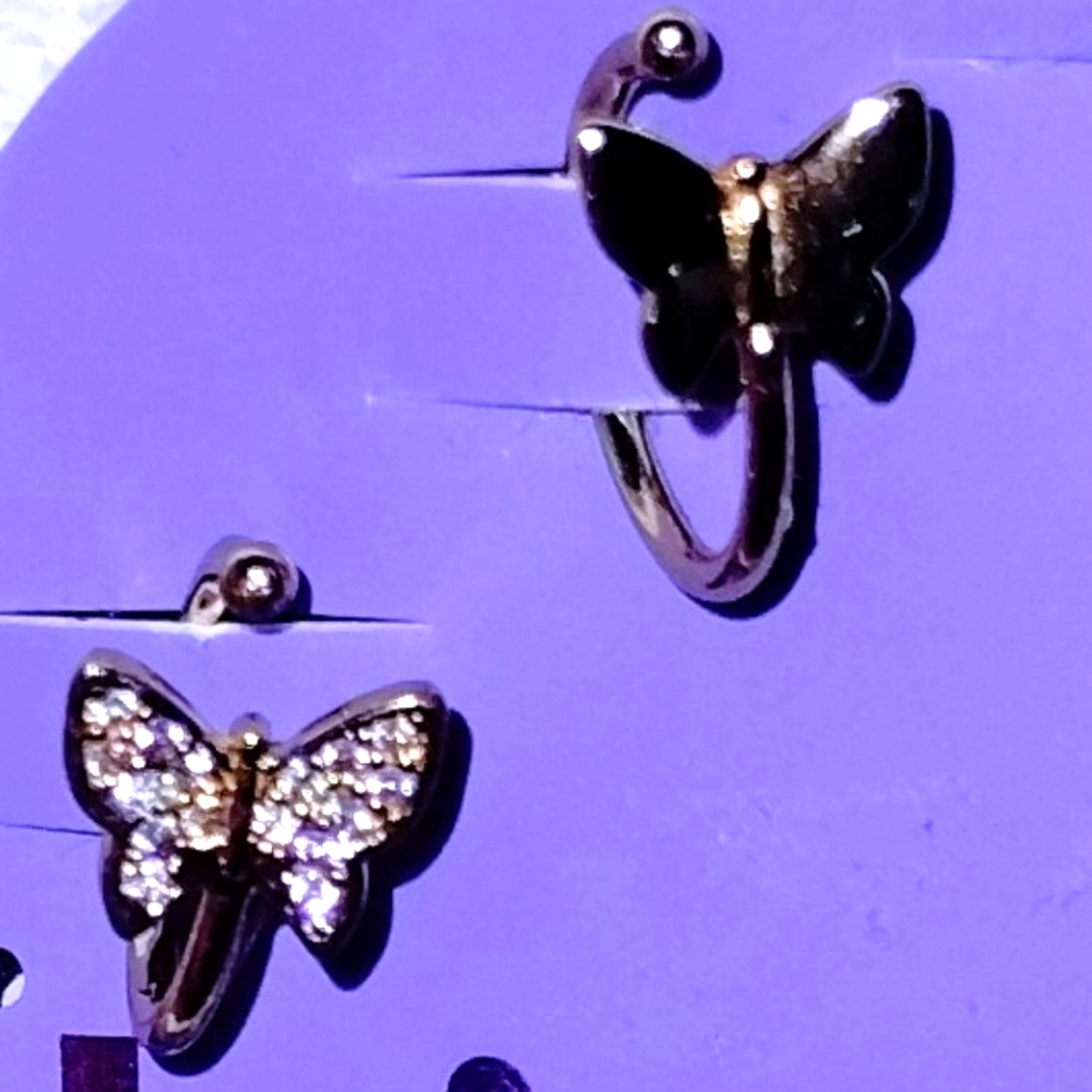 New Set of 2 Faux Piercing Hoop Rings. Gold time W/ Butterfly For nose lip ear